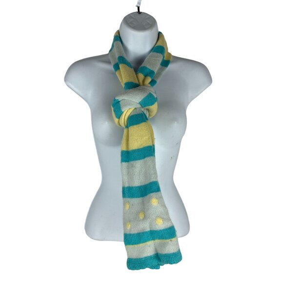 Striped Teal & Yellow Polka Dot Knit Scarf For Women - Picture 3 of 4